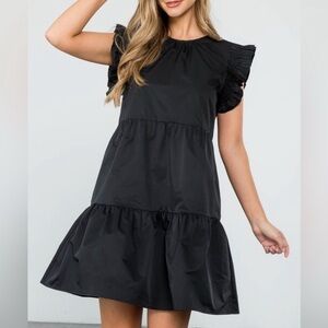 THML Black Tiered Skirt Flutter Sleeve Dress S